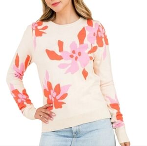 THML Crewneck Knit Sweater Retro Boutique Top Floral Cream Pink Orange Small